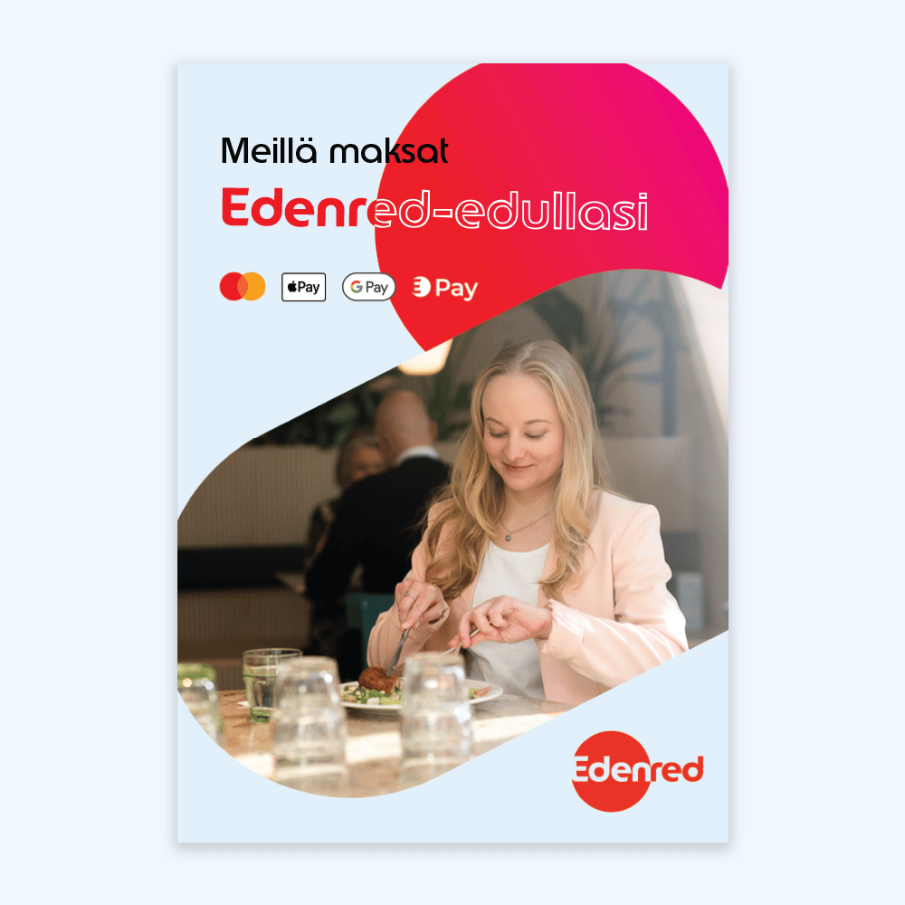 Nainen ravintolassa, Edenred-logo ja kehotus maksamaan