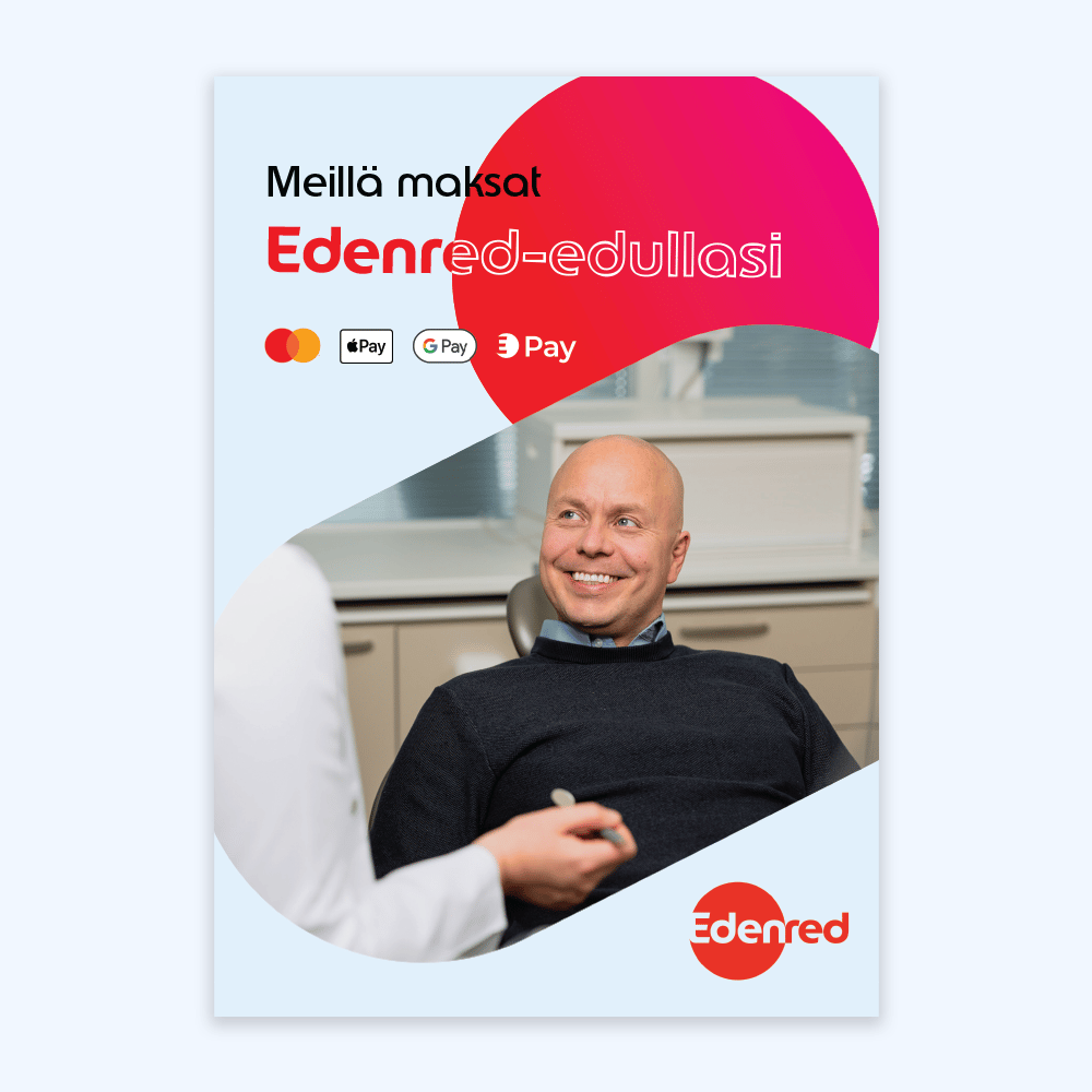 Mies hammashoitolassa, Edenred-logo ja kehotus maksamaan