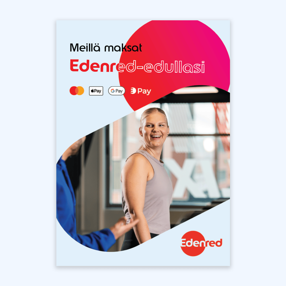 Hymyilevä nainen kuntosalilla, Edenred-logo ja kehotus maksamaan