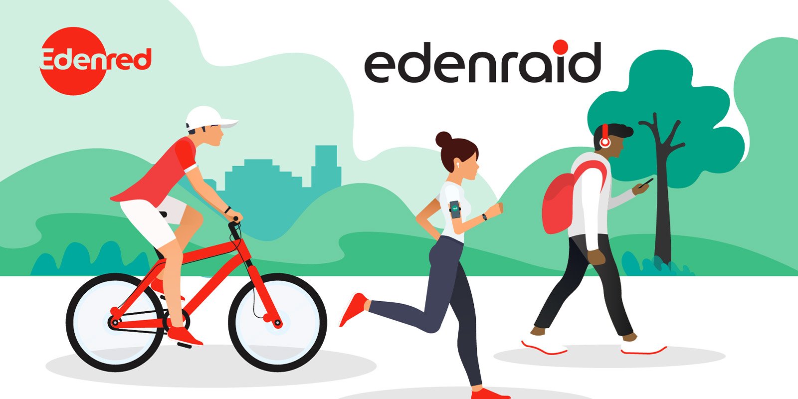 Edenraid kuvake, jossa yksi henkilö pyöräilee, toinen juoksee ja kolmas kävelee